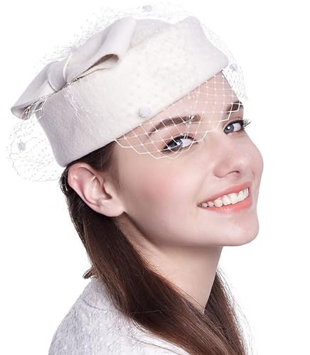 ORIDOOR Women's British Style Pillbox Church Derby Wedding Winter Vintage Fascinator Beret 100% Wool Felt Veil Hat - color: 01a-white