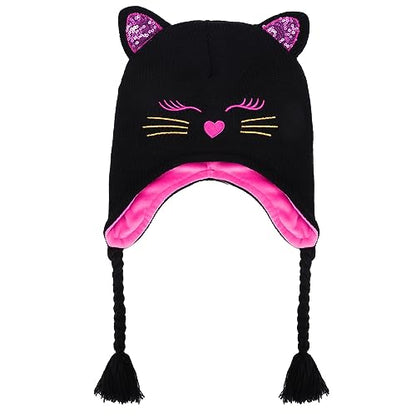 Toddler Girls Cat Ear Winter Hat Warm Knit Beanie Kids Earflap Cap for Cold Weather - color: Knitted Cat Black