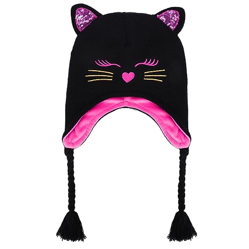 Toddler Girls Cat Ear Winter Hat Warm Knit Beanie Kids Earflap Cap for Cold Weather - color: Knitted Cat Black