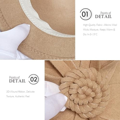 Woolen Cloche Hat for Women, Flower Winter Warm Bucket Cap - color: Camel