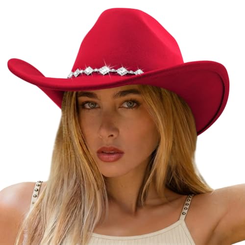 DRESHOW Women's Western Cowboy Hat Rhinestone Cowboy Cowgirl Hat Glitter Wide Brim Felt Fedora Hats Unisex Rolled up Caps - color: 1 Pack Style 11: Red
