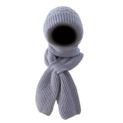 Women Winter Warm Elastic Soft Ear Protection Knitted Scarf Hat Fleece Lined Beanie Hat - color: Grey
