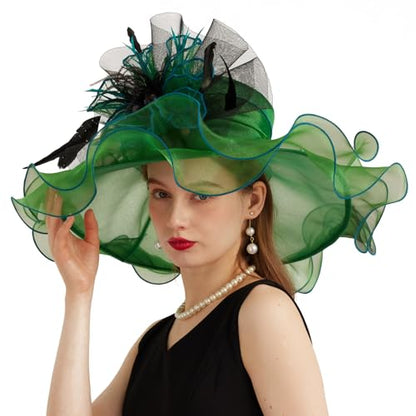 Women Organza Church Derby Hat Wide Brim Sun Caps for Wedding Tea Party Hat with Detachable hat Flower as Headgear - color: 11-green