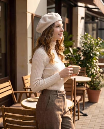 French Beret Hats for Women Men - Classic Wool Beanie Winter Cap - color: White