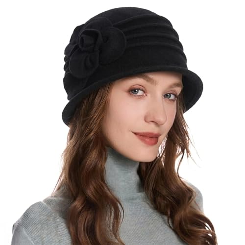 ZLYC Women Wool Cloche Bucket Hat 1920s Vintage Winter Hat with Flower - color: Rose Black