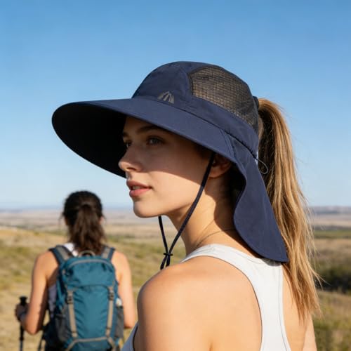 UV Sun Protection Hat Women Foldable Neck Flap Wide Brim Fishing Hat with Ponytail Hole for Women - color: Navy