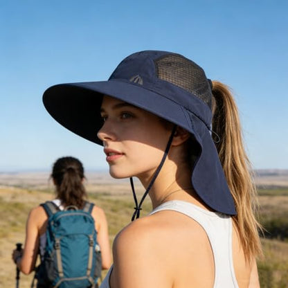 UV Sun Protection Hat Women Foldable Neck Flap Wide Brim Fishing Hat with Ponytail Hole for Women - color: Navy