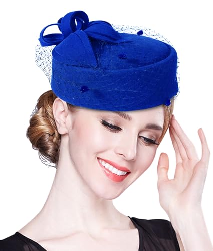 Z&X British Vintage Wool Felt Pillbox Hat Ladies Church Derby Winter Fascinator Hat Veil Flower Fedoras - color: A- Royal Blue