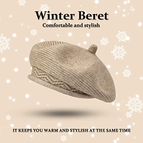 FENELY Beret Hat for Women, French Style Beanie Winter Fashion Warm Thickened Lining Knit Cap - color: Beige