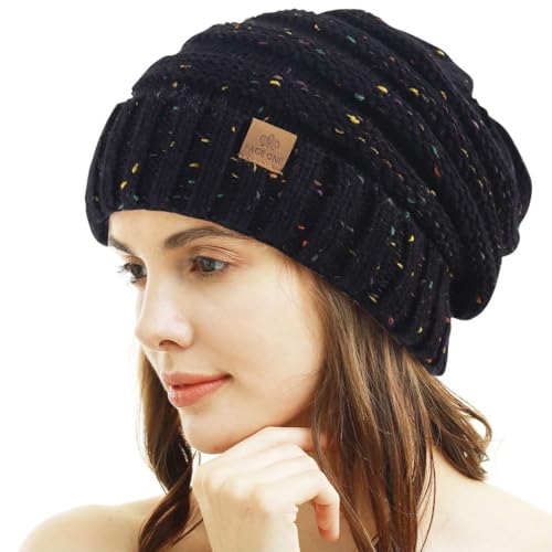 Womens Winter Beanie Warm Knit Hat Cable Stretch Trendy Ribbed Chunky Cap - color: Dot Black
