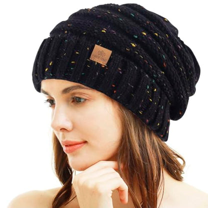 Womens Winter Beanie Warm Knit Hat Cable Stretch Trendy Ribbed Chunky Cap - color: Dot Black
