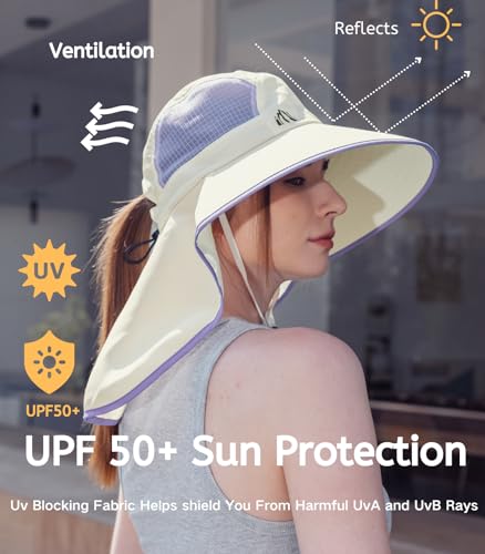 UV Sun Protection Hat Women Foldable Neck Flap Wide Brim Fishing Hat with Ponytail Hole for Women - color: Off-white