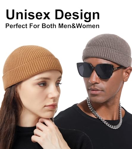 Wool Cuffed Beanie for Men Unisex Knit Watch Cap Thin Fisherman Beanies - color: Coffee