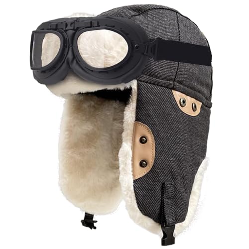 Peicees Aviator Hat and Goggles for Adult Costume Accessories Pilot Cap Vintage Goggles Trapper Hat with Fur Ear Flaps - color: Black Hat+black Frame/Clear Lens