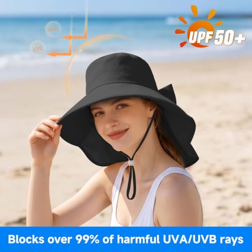 Womens Ponytail Hole Sun Hat with Neck Flap Outdoor UPF 50+ - color: Black