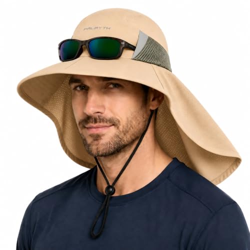 Palmyth Fishing Hat Wide Brim Sun Hat with Neck Flap & Sunglasses Storage - color: Khaki