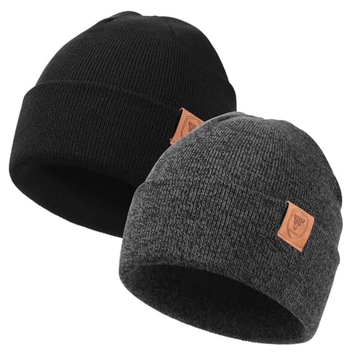 OZERO Beanie for Men and Women, Double-Layer Cuffed Knit Winter Hat - color: Black+gray