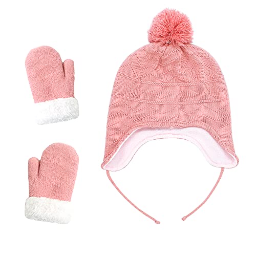 jerague Hats and Gloves Set for Kids Toddler Baby Girls Boys Warm Earflap Beanie Fleece Hats Mittens - color: Pink 2, size: 1-3T