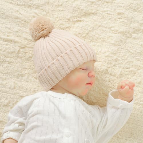 Baby Hats and Booties Set Newborn Knit Pompom Beanie Caps Shoes Winter - color: Beige
