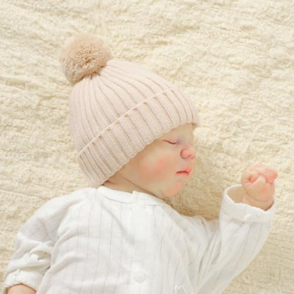 Baby Hats and Booties Set Newborn Knit Pompom Beanie Caps Shoes Winter - color: Beige