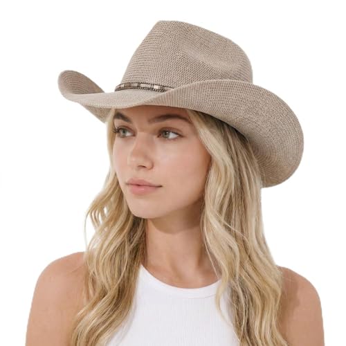 C.C Knitted Cowboy Hat for Women Lightweight Woven Western Hat with Multicolor Trim Band, Wide Brim Summer Sun Hat - color: Lt. Grey