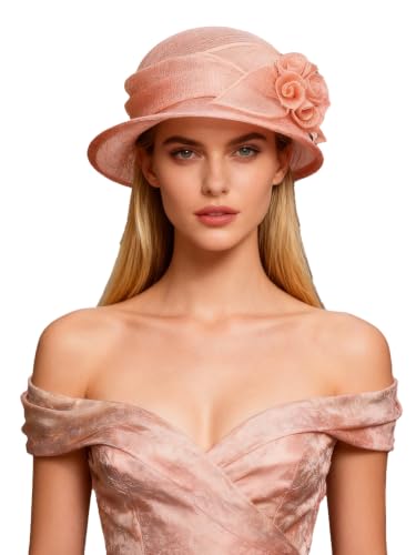 HIMESPORT Retro Sinamay Veil Flower Bride Wedding Fascinator Hat Feather Bowler Hat Hair Accessory Banquet Cocktail Party - color: Pinkish Orange