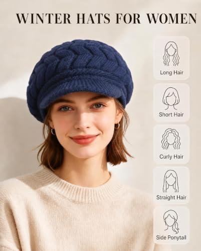 YSense 2 Pack Womens Winter Hats Warm Knit Beanie with Visor - color: Navy Blue Purple