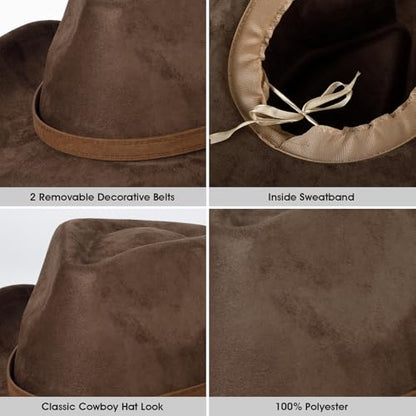 2 Pack Western Cowboy Hats for Women Men 2 Different hat Bands - color: Coffee