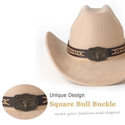 Western Cowboy Hat for Women Men Retro Suede Hat - color: Camel-square Bull Buckle