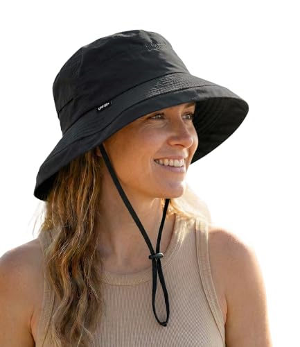 Bucket Sun Hat for Women, UPF 50+ Wide Brim, Packable, Waterproof Rain Hat for Hiking Outdoor Travel - color: Black
