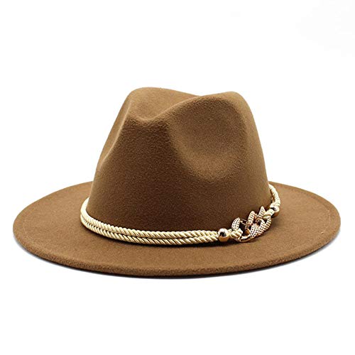 Lady Wide Brim Felt Fedora Panama Hat with Ring Belt - color: Khaki, size: Medium