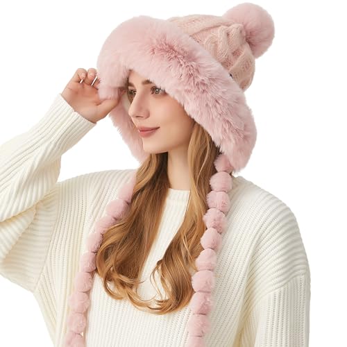 HUAMULAN Women Winter Sherpa Beanie Hats Knit Ear Flaps Fleece Lined - color: Pink With Braids