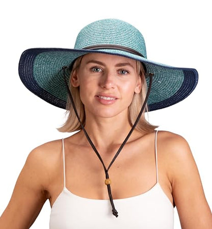 Sloggers Women's Wide Brim Braided Sun Hat with Wind Lanyard - UPF 50+ Maximum Sun Protection - color: Grey Blue