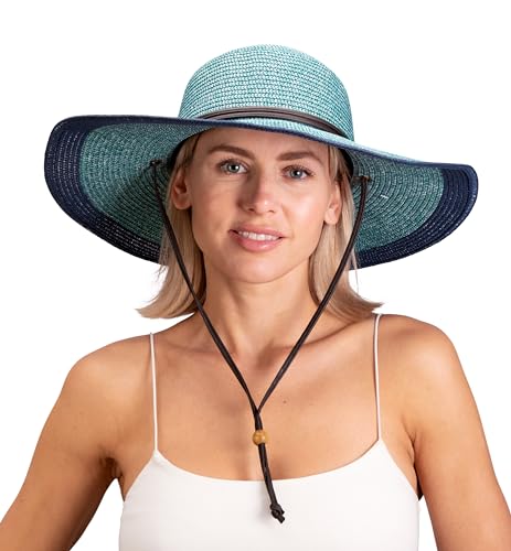 Sloggers Women's Wide Brim Braided Sun Hat with Wind Lanyard - UPF 50+ Maximum Sun Protection - color: Grey Blue