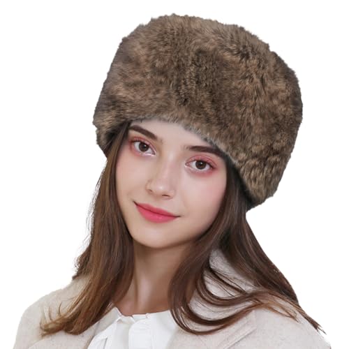 Unisex Russian Ushanka Cossack Trapper Hat Faux Rabbit Fur Trooper Hat Fuzzy Furry Hunting Cap Winter Outdoor Warm Skiing Cap - color: Brown