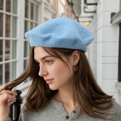 Women's Wool Beret: 70% Wool French Hat for Daily, Lightweight & Chic Berets for Women - color: Sky Blue