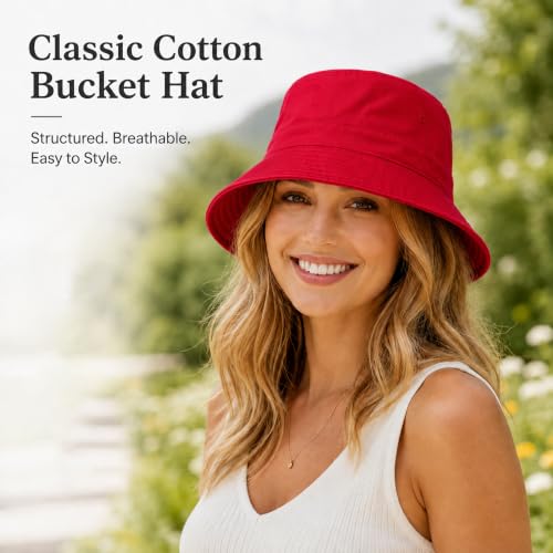 Cotton Bucket Hat Packable Beach Sun Hat for Women Men - color: Red