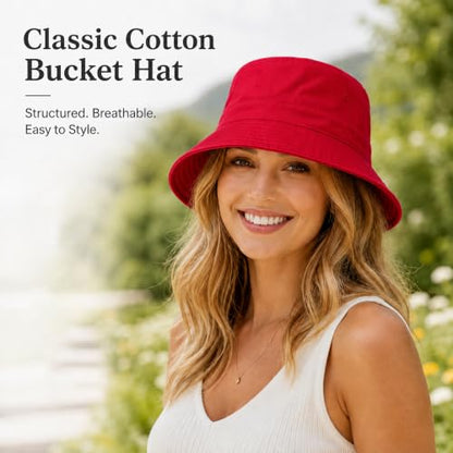 Cotton Bucket Hat Packable Beach Sun Hat for Women Men - color: Red