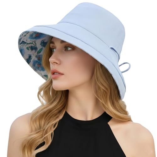 HUAMULAN Women Wide Brim Reversible Sun Hat Summer Beach Fishing Bucket - color: Lightblue Floral