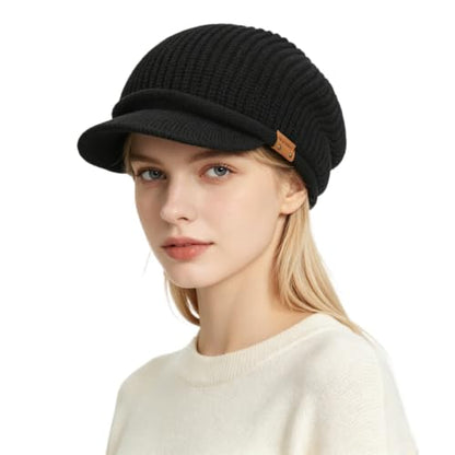 Winter Beanie with Visor - Stylish Knit Hat with Bill - Thick Brimmed Beanies with Fleece Lining Men and Women - color: B326-black