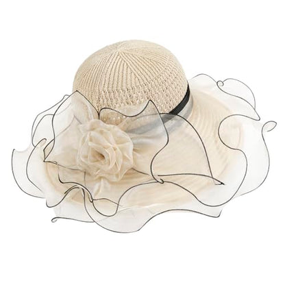 Floral Church Wide Brim Sun Hat, Breathable Derby Tea Party Hat - color: Beige