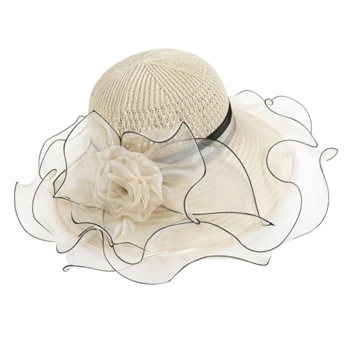 Floral Church Wide Brim Sun Hat, Breathable Derby Tea Party Hat - color: Beige