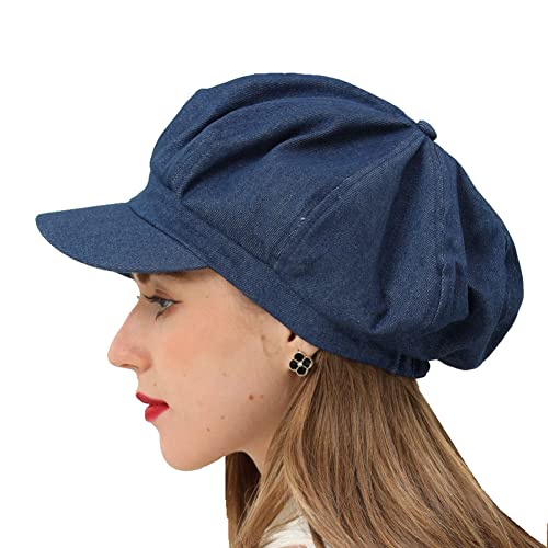 Womens Newsboy Cap Summer Beret Cap- 100% Cotton 8 Panels Vintage Cabbie Hat- Octagonal Visor Cap for Women Girls Ladies Gift - color: Denim