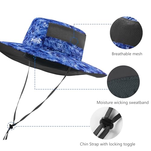 BASSDASH UPF 50+ Fishing Sun Hat Water Resistant Unisex Wide Brim Bucket Boonie Hat for Hiking Camping Safari FH15 - color: Blue Camo, size: Large