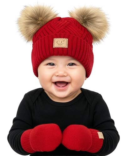 Funky Junque Baby Double Faux Fur Pom Pom Beanie & Mittens Set – Newborn Infant 0–9 Months Winter Hat with Soft Lined Mittens - color: Diagonal Basketweave: Red (0-9 Months)