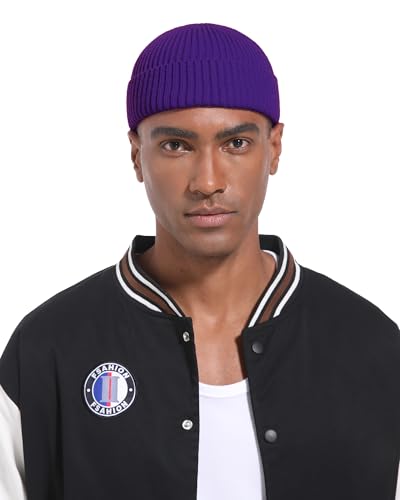 Short Fisherman Beanie for Men Women Wool Fleece Lined Winter Hat - color: 1pcs-dark Purple
