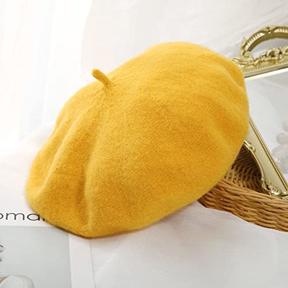 Women French Wool Beret Hats - Solid Color Classic Beanie Winter Cap - color: Yellow