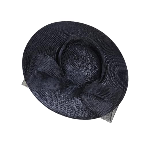 HIMESPORT Straw Cocktail Fascinators Hat for Women Ladies Wide Brim Church Wedding Bride Derby Tea Party Hats with Mesh Bow - color: Black