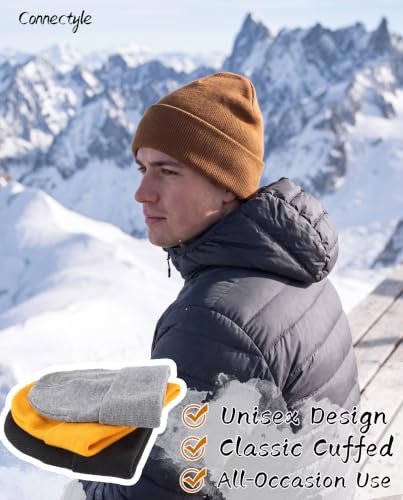Connectyle Men's Cuffed Beanie Hat Double Layer Knit Winter Watch Cap - color: Camel
