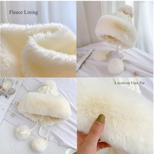 Winter Pompom Beanie Hats for Women Fluffy Knit Skull Cap Womens Faux Fur Crochet Warm Bucket Outdoor Ear Cover - color: Black